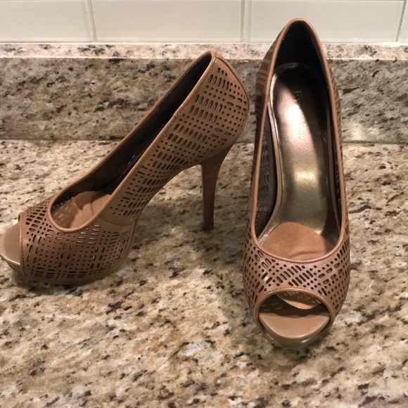 Eva & Zoe - Tan Laser Etched Peep Toe Heels - Picture 1 of 7